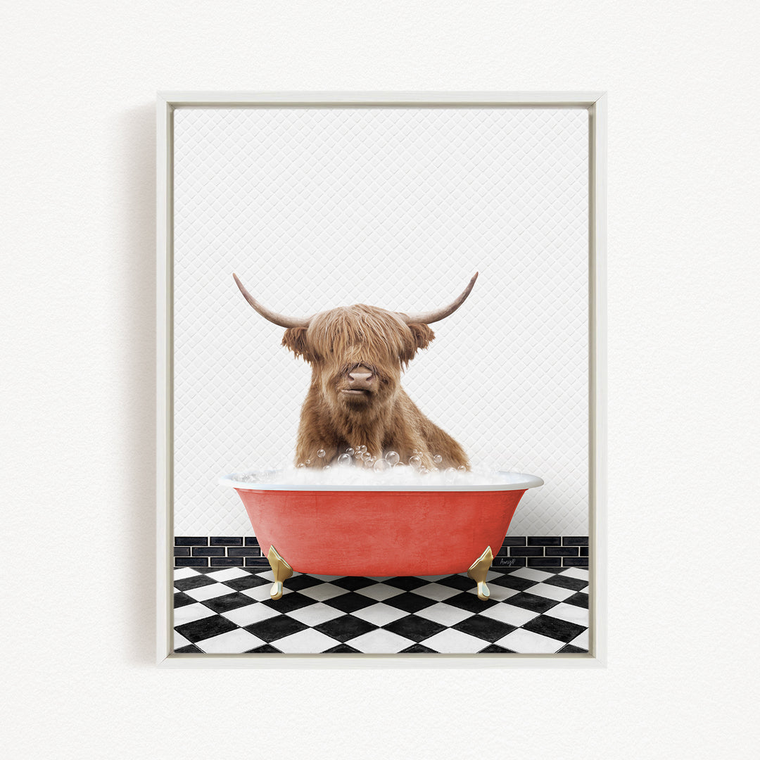 A Highland cow with shaggy brown hair is sitting in a red bathtub filled with bubbles, with a black and white checkered floor beneath it.