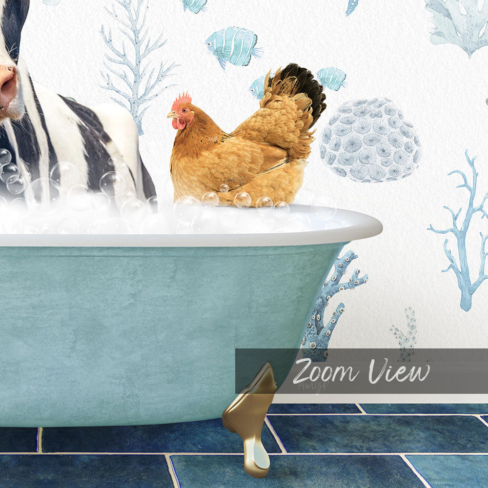 A chicken is sitting in a bathtub filled with bubbles, surrounded by a blue and white underwater scene with fish and coral.