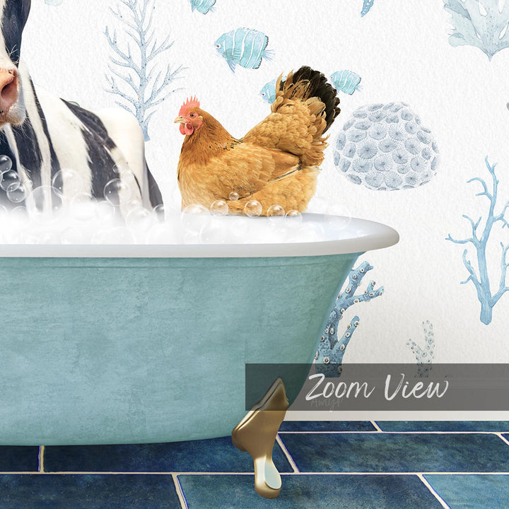 A chicken is sitting in a bathtub filled with bubbles, surrounded by a blue and white underwater scene with fish and coral.
