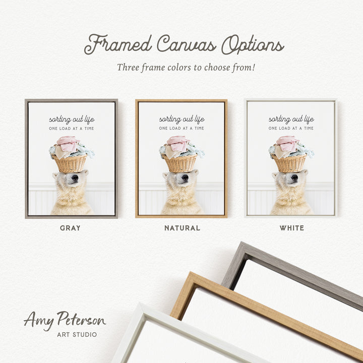 The image is a framed canvas option with three different frame colors to choose from: gray, natural, and white.