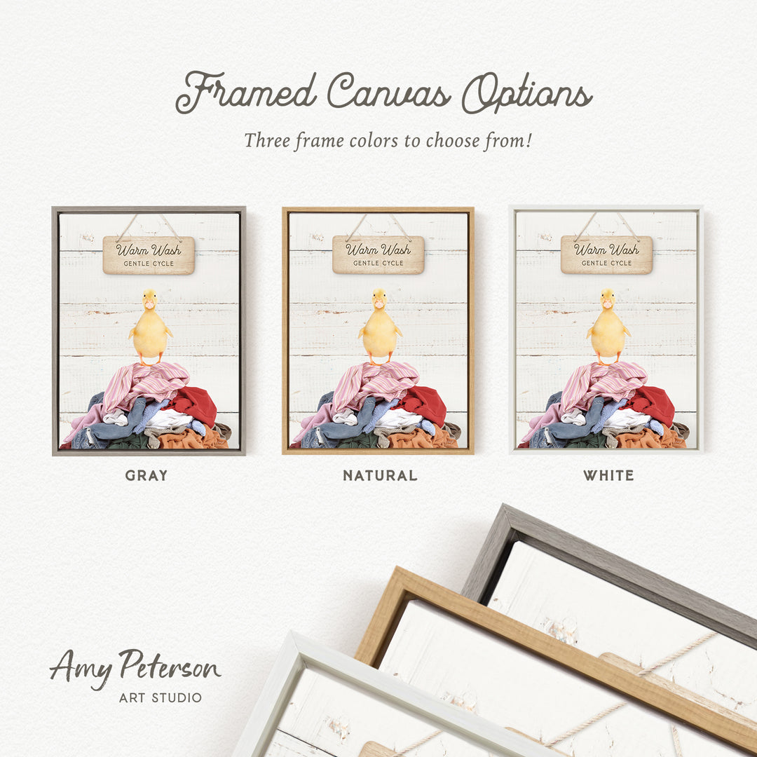 three framed canvas options, each with a different color and frame style, including a gray, natural, and white frame.