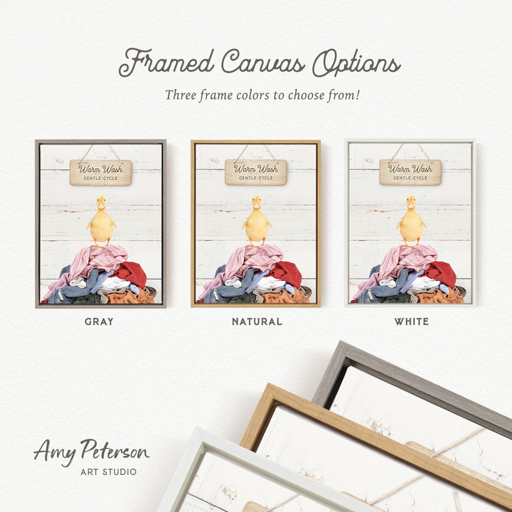 three framed canvas options, each with a different color and frame style, including a gray, natural, and white frame.