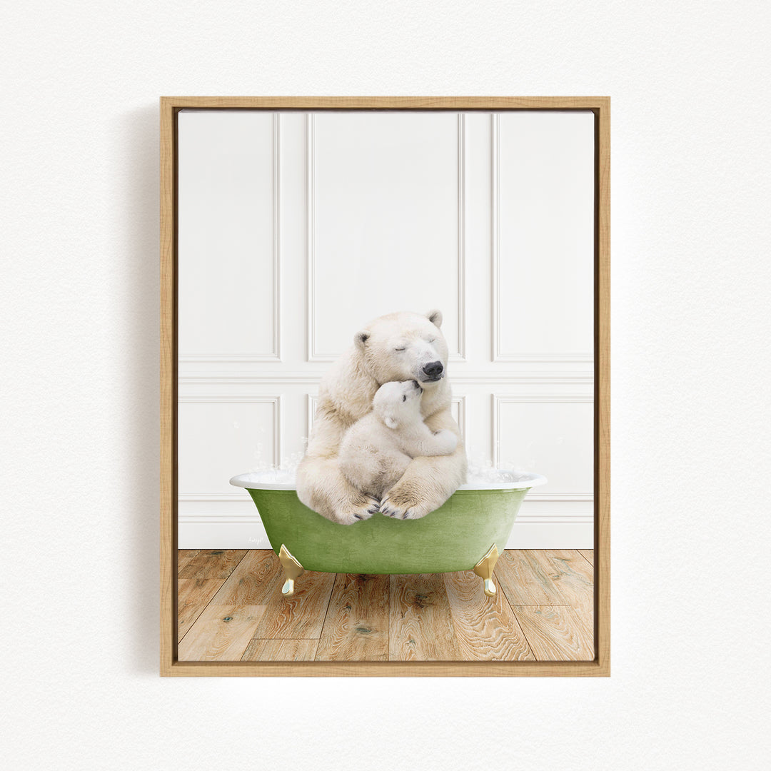 A mother polar bear and her cub sitting together in a green bathtub, with the mother appearing to be comforting her cub.