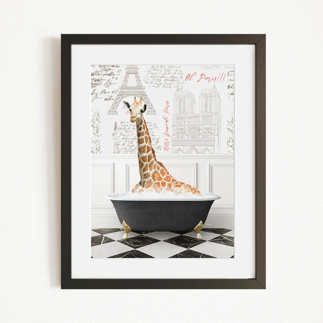 A giraffe sitting in a bathtub, surrounded by a checkered floor and a wall with a drawing of the Eiffel Tower.