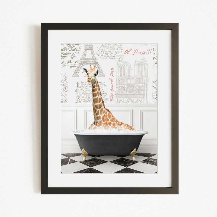 A giraffe sitting in a bathtub, surrounded by a checkered floor and a wall with a drawing of the Eiffel Tower.
