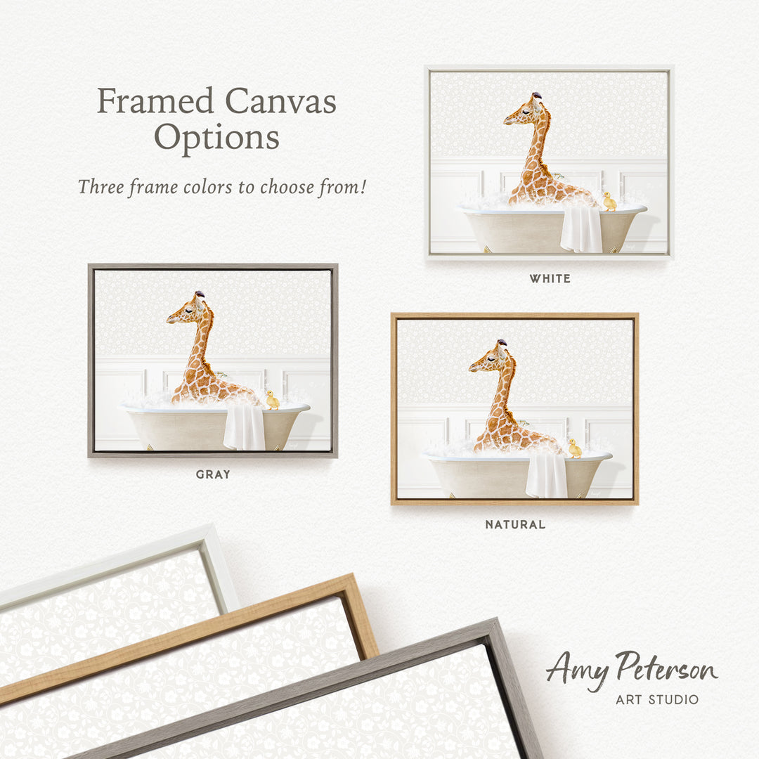 The image is a framed canvas with three different frame options for a giraffe sitting in a bathtub. The options include a white frame, a gray frame, and a natural frame.
