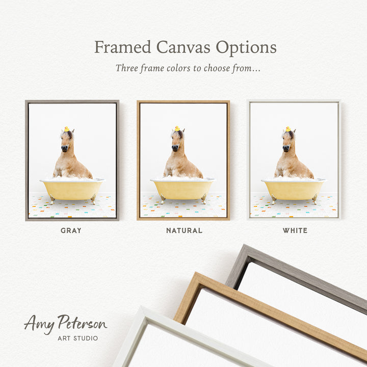 three framed canvas options, each featuring a horse in a bathtub. The options include a gray, natural, and white frame.