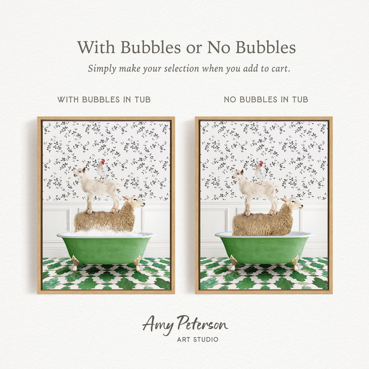 The image is a collage of two framed pictures, each depicting a sheep standing on a green bathtub. The text above the images reads "With Bubbles or No Bubbles" and below the images, it says "Simply make your selection when you add to cart."