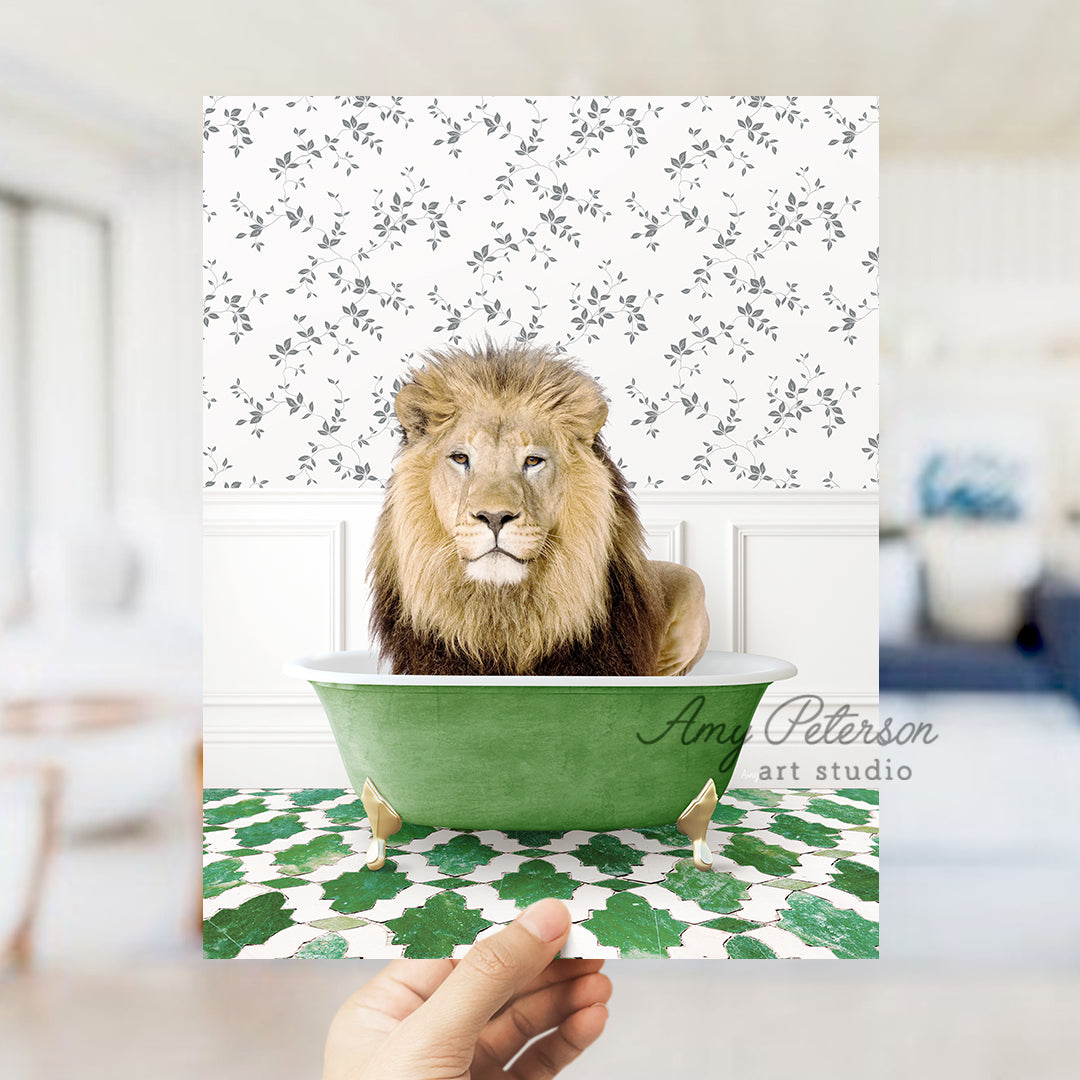 a hand holding a card with a lion in a bathtub