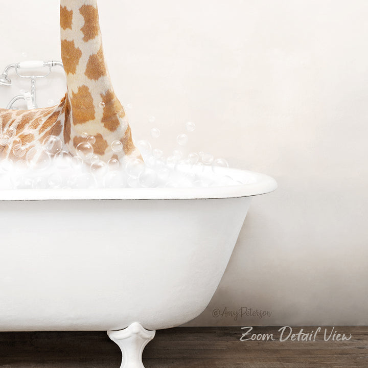 A white claw-foot bathtub filled with bubbles, with a giraffe's head partially submerged in the water.