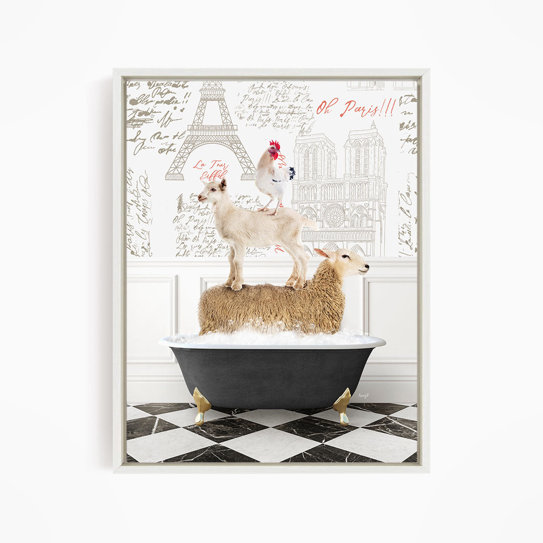 A framed image depicting a sheep standing on a bathtub, with a rooster perched on top of it, against a backdrop of the Eiffel Tower and other Parisian landmarks.