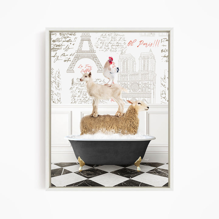 A framed image depicting a sheep standing on a bathtub, with a rooster perched on top of it, against a backdrop of the Eiffel Tower and other Parisian landmarks.