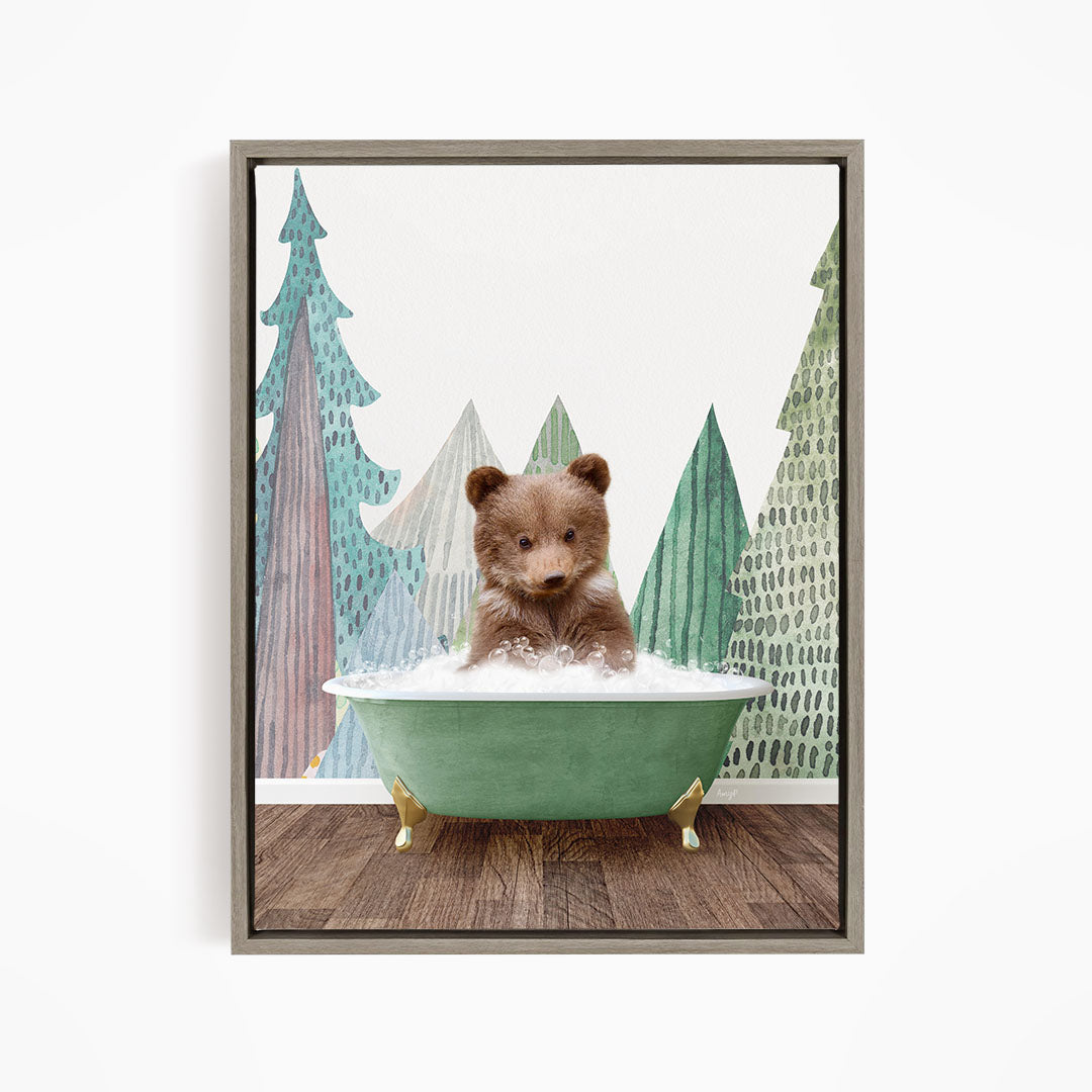 A cute brown bear sitting in a green bathtub, surrounded by a forest scene with trees and a snowy landscape.