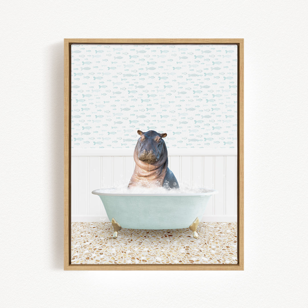 A hippopotamus sitting in a bathtub filled with water, surrounded by a patterned wall.