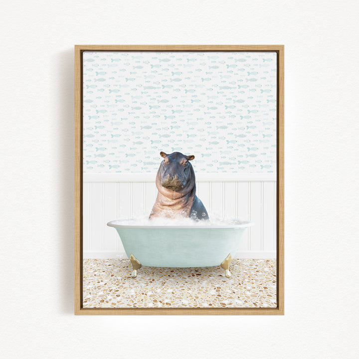 A hippopotamus sitting in a bathtub filled with water, surrounded by a patterned wall.