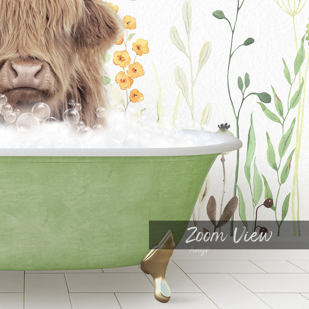A large, green bathtub filled with bubbles, with a furry animal, likely a dog, sitting inside and enjoying the bath. The bathtub is surrounded by a floral wallpaper, creating a whimsical and relaxing atmosphere.