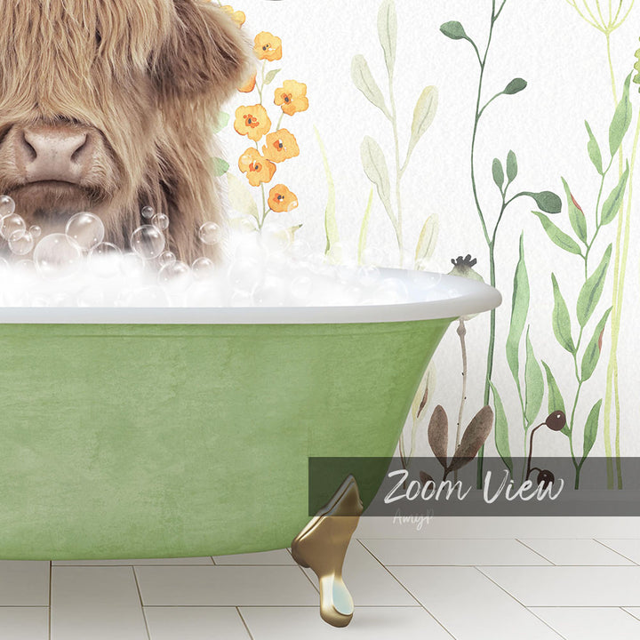 A large, green bathtub filled with bubbles, with a furry animal, likely a dog, sitting inside and enjoying the bath. The bathtub is surrounded by a floral wallpaper, creating a whimsical and relaxing atmosphere.