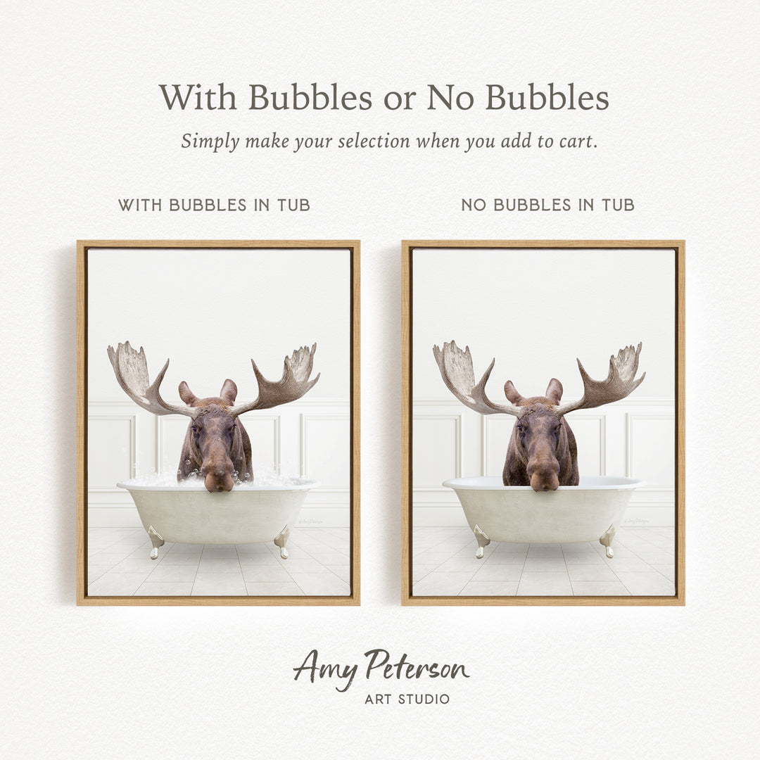 The image is a collage of two framed pictures, each featuring a moose in a bathtub. The moose in the bathtub has large antlers, and the other moose in the bathtub does not have antlers. The collage is titled "With Bubbles or No Bubbles" and is created by Amy Peterson from Art Studio.