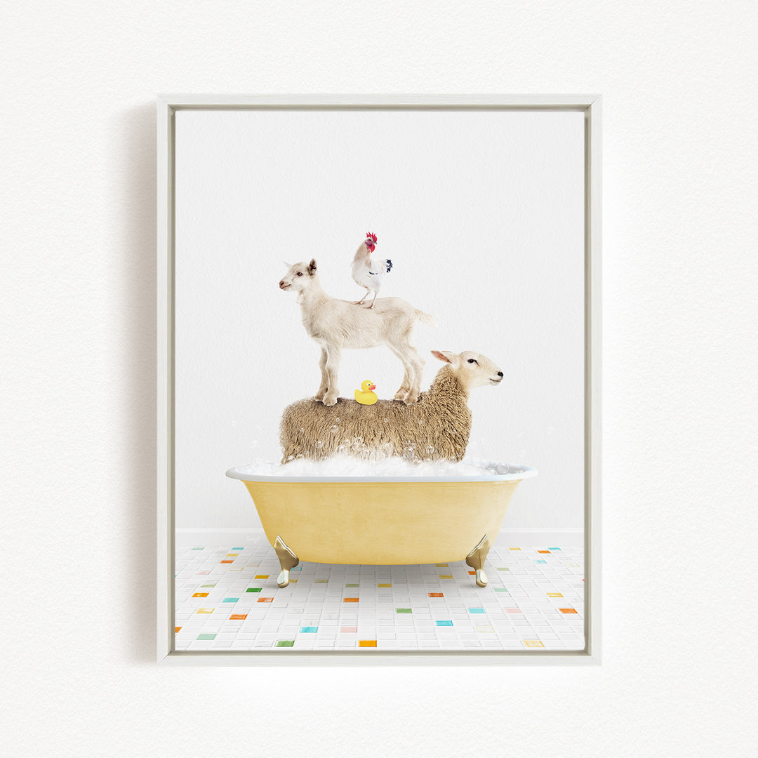 A sheep standing on a tub filled with bubbles, with a chicken perched on top, and a rubber duck floating in the water.