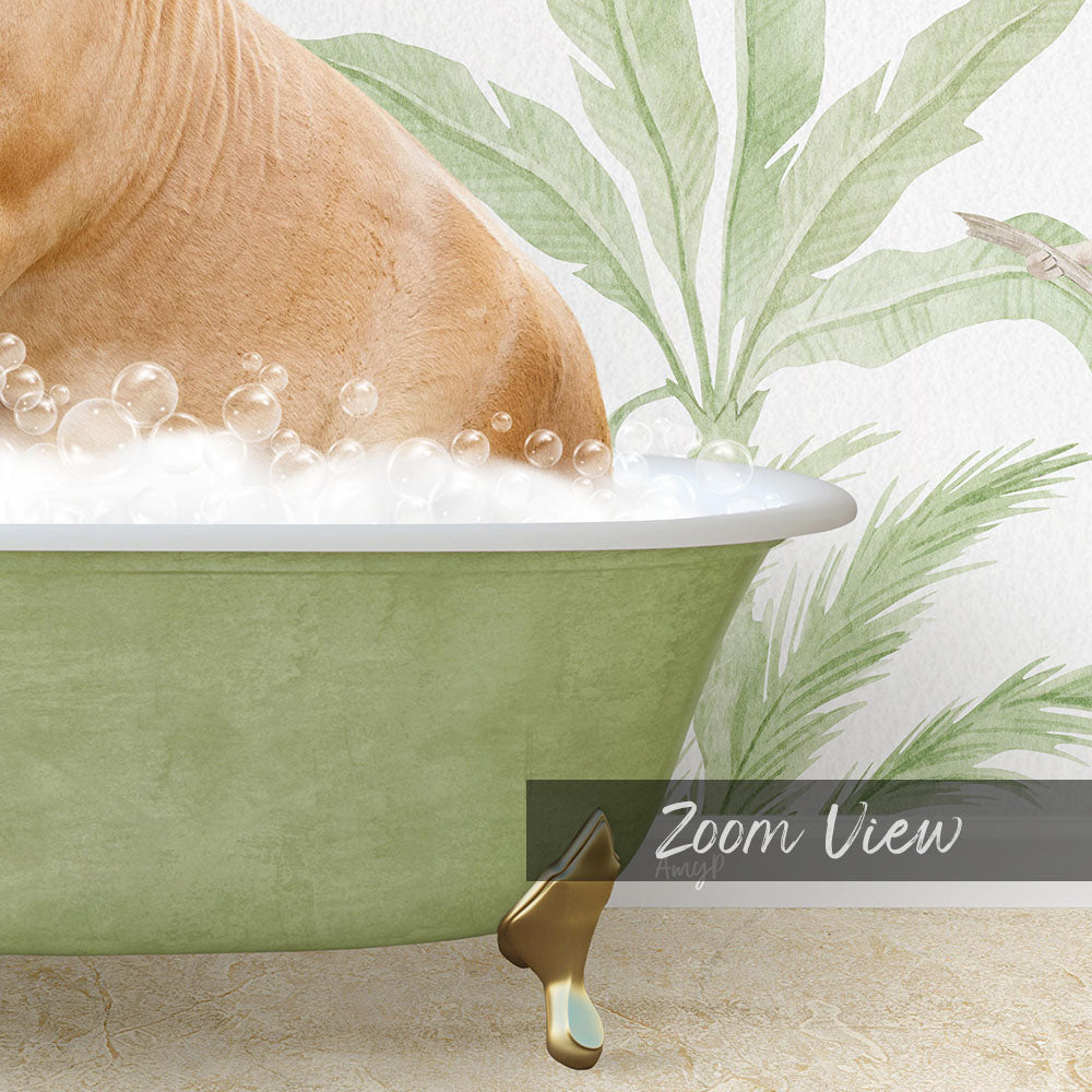 A dog is sitting in a green bathtub filled with bubbles, surrounded by a tropical plant wallpaper.