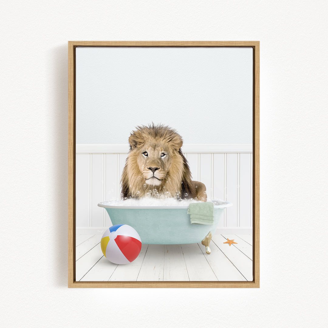 A lion sitting in a bathtub filled with water, surrounded by a beach ball and a towel.
