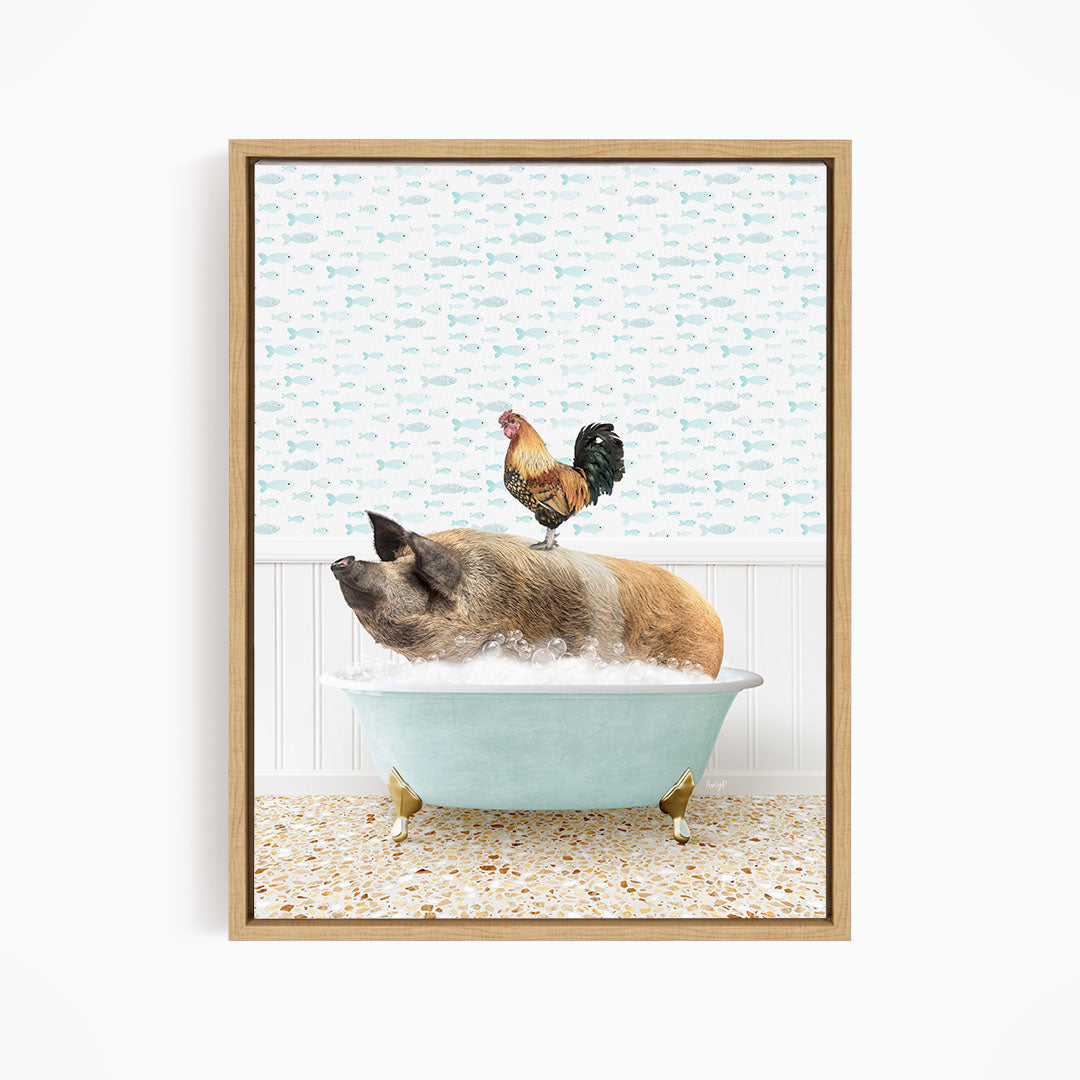 A rooster sits atop a pig in a bathtub, surrounded by a patterned wall and a tiled floor.