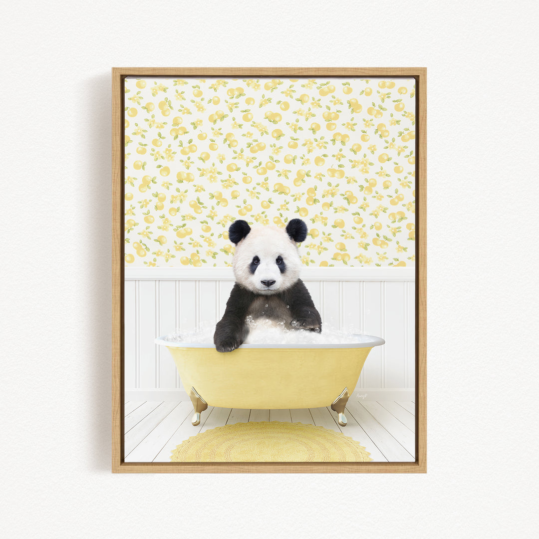 A panda bear sitting in a yellow bathtub, surrounded by a yellow floral pattern on the wall behind it.