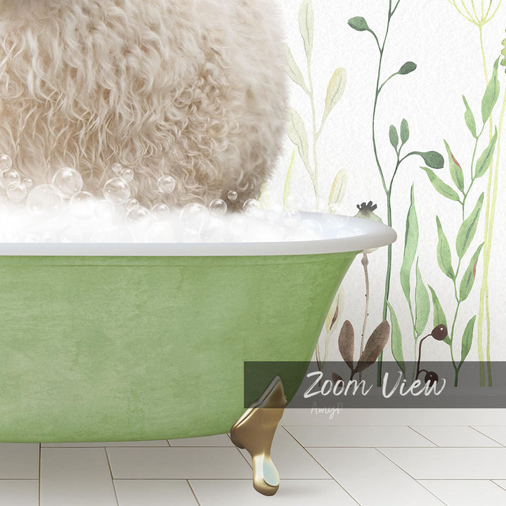 A fluffy white dog is sitting in a green bathtub filled with bubbles, surrounded by a floral wallpaper.