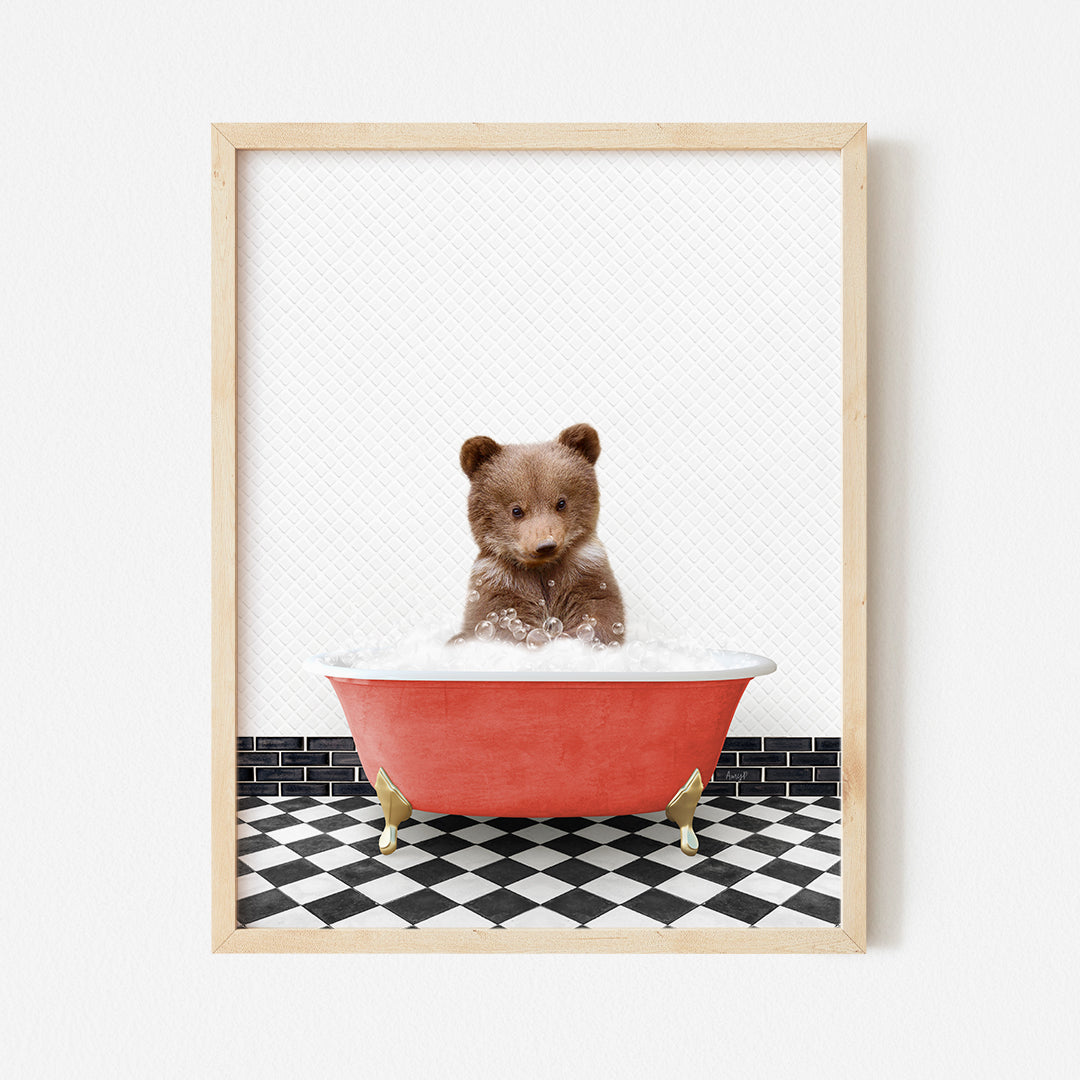 a teddy bear sitting in a bathtub with a black and white checkered floor