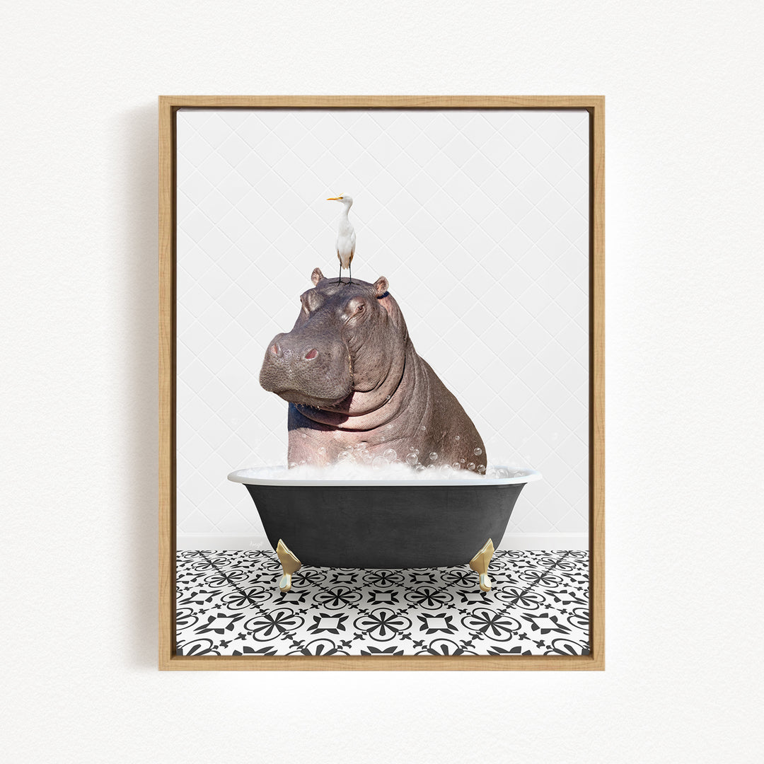 A hippopotamus sitting in a bathtub, with a bird perched on its head.