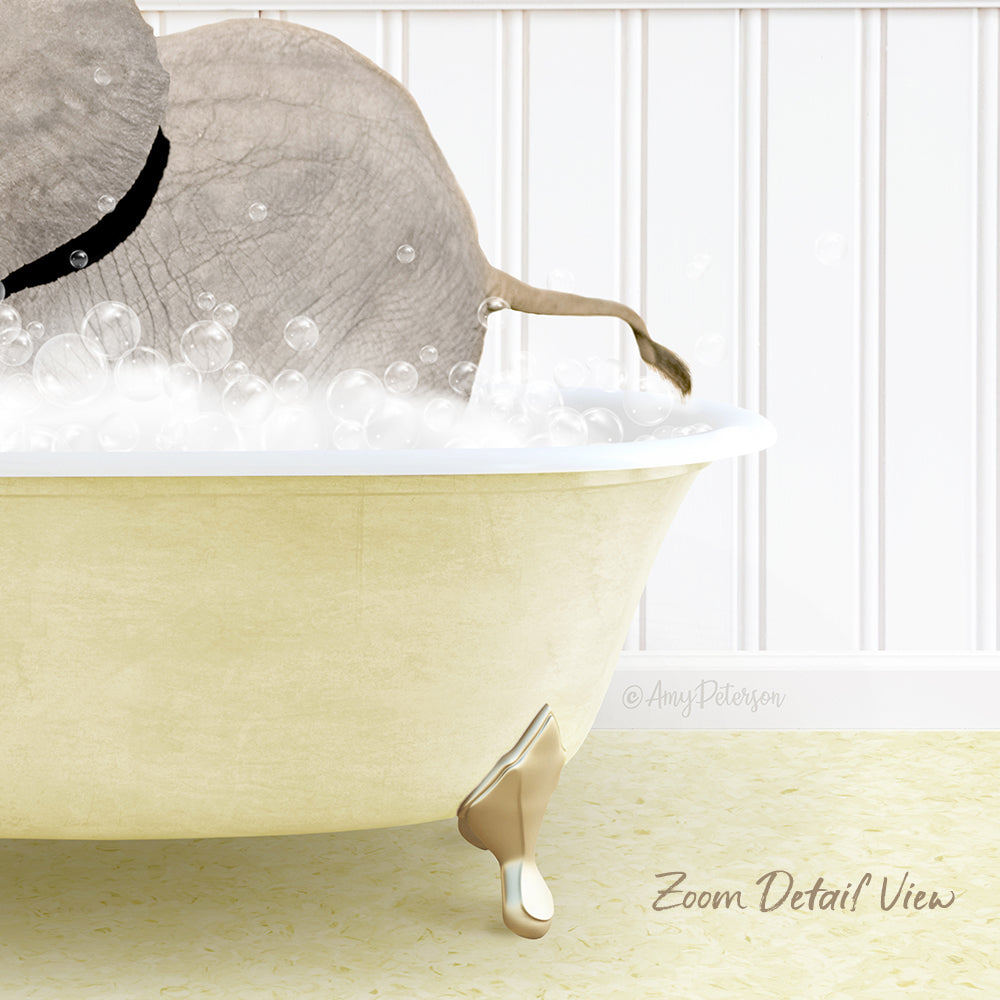 A bathtub filled with bubbles, with a small animal, likely a dog, sitting in it.
