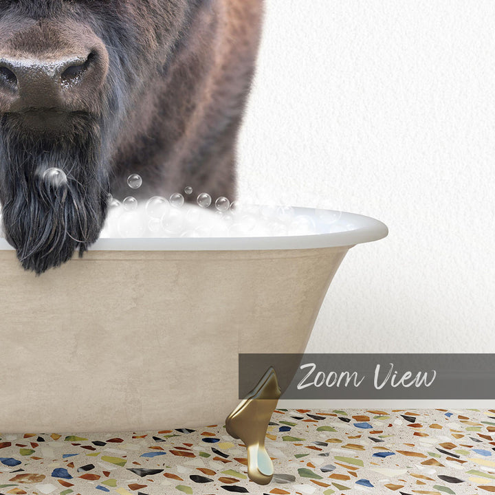 A close-up of a dog's face peeking over the edge of a bathtub filled with bubbles, with a text overlay that reads "Zoom View".