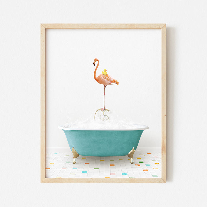 a pink flamingo standing on top of a bath tub