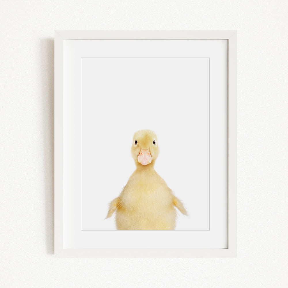 A cute yellow duck with a pink beak is the main subject of the framed image.