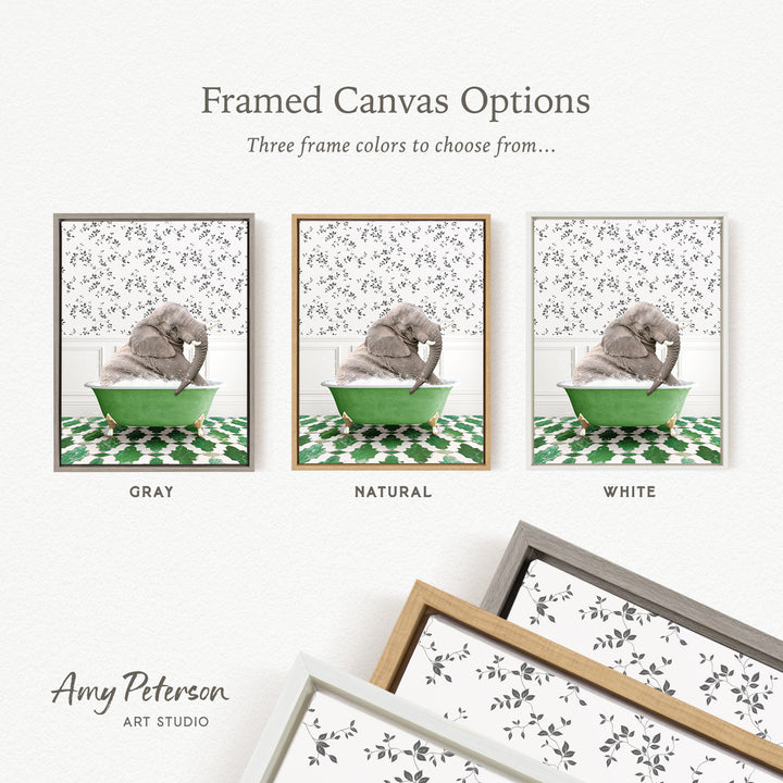 The image is a framed canvas option showcasing three different framed canvas options for a picture of an elephant sitting in a green bathtub.