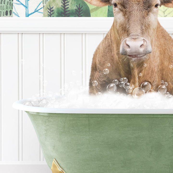 a cow sitting in a bathtub filled with bubbles