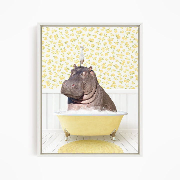 A hippopotamus sitting in a yellow bathtub, with a bird perched on its head.
