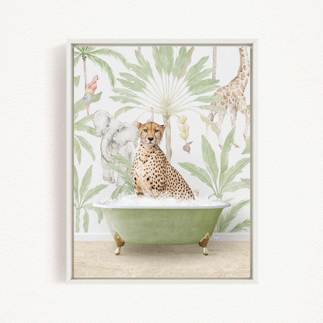 A cheetah sitting in a green bathtub, surrounded by tropical foliage and other animals, creating a whimsical and playful scene.