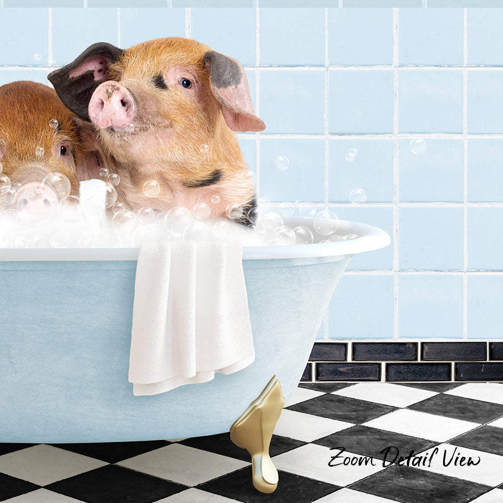 A pair of adorable pigs enjoying a bath in a blue tub, surrounded by bubbles and a towel.