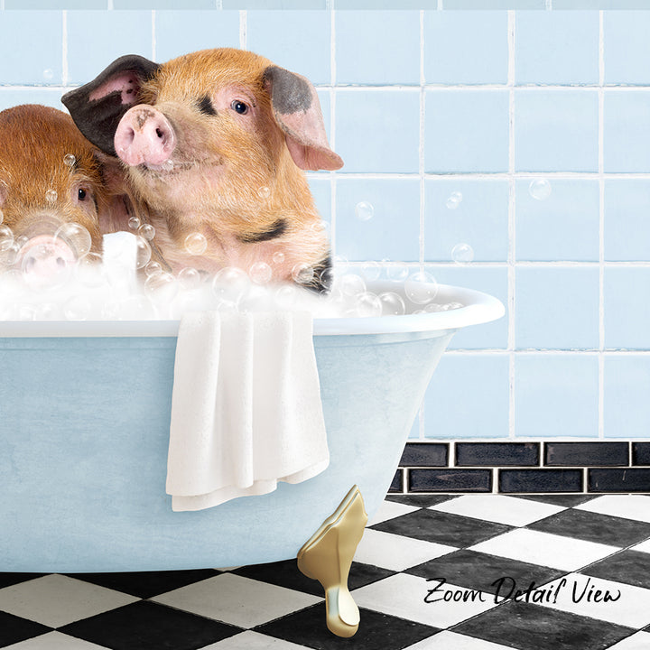 A pair of adorable pigs enjoying a bath in a blue tub, surrounded by bubbles and a towel.