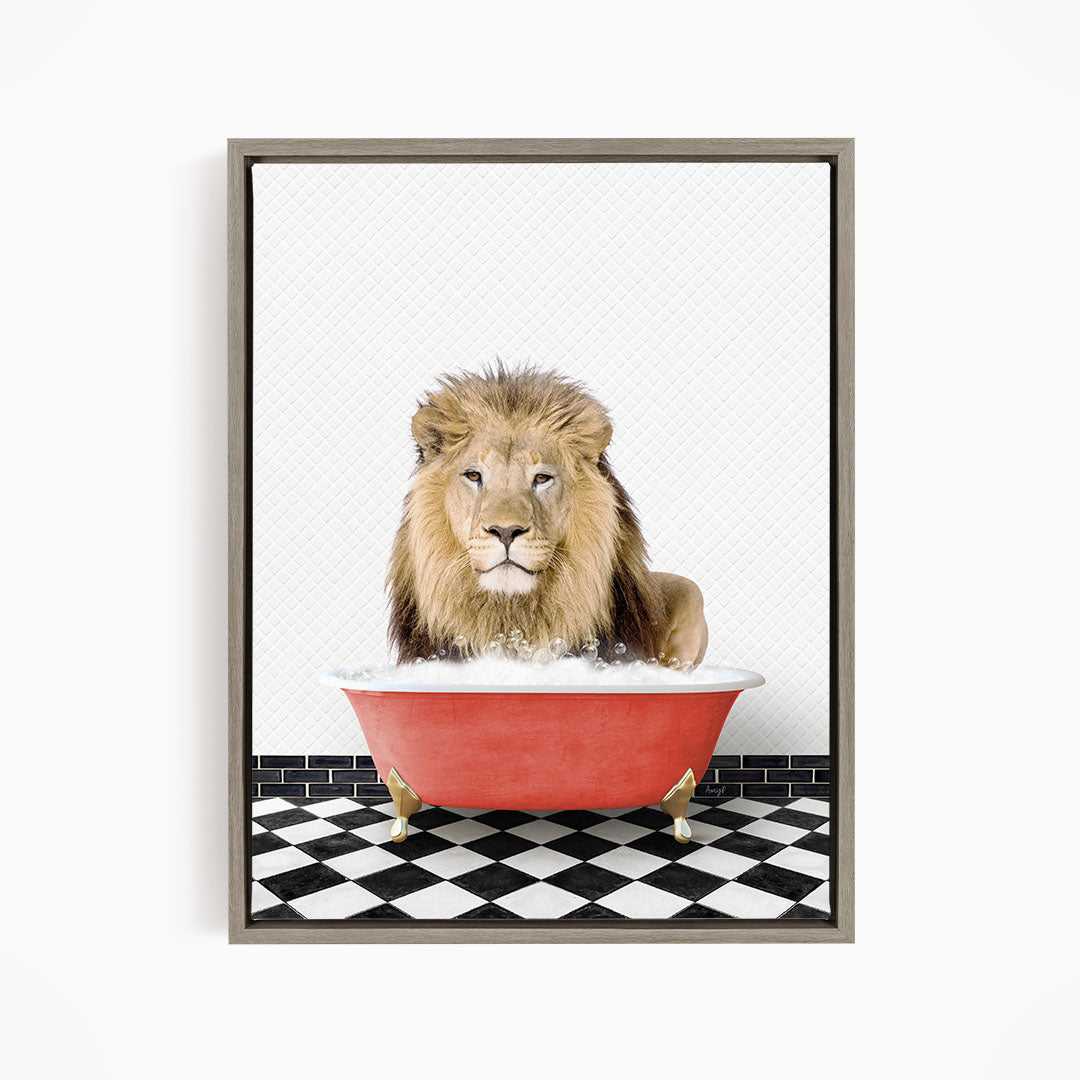 A lion sitting in a red bathtub filled with water, surrounded by a black and white checkered floor.