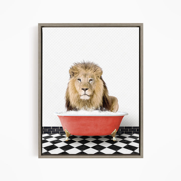 A lion sitting in a red bathtub filled with water, surrounded by a black and white checkered floor.