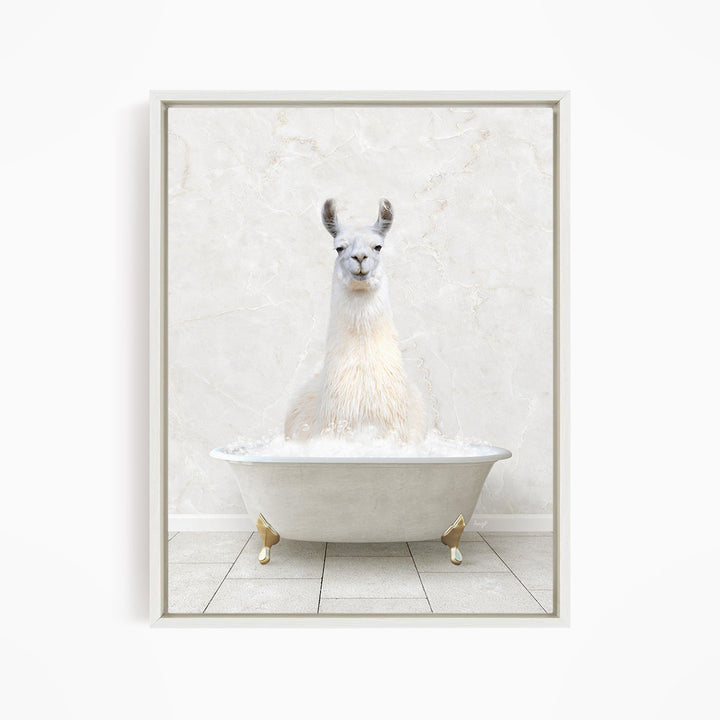 A white llama sitting in a white bathtub filled with bubbles, creating a whimsical and playful scene.