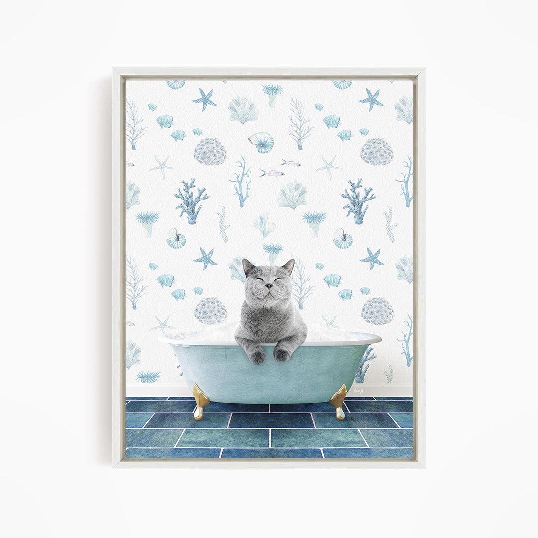 A gray cat sitting in a blue bathtub, surrounded by a pattern of seashells, starfish, and other marine life.