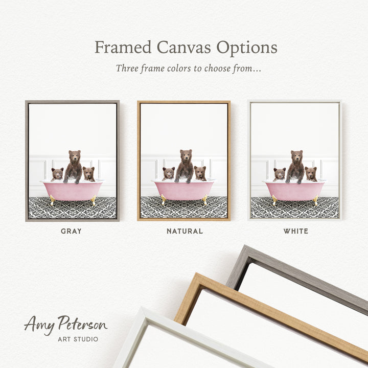 three framed canvas options, each featuring a different color: gray, natural, and white. The canvas options are presented in a collage format, with each option having a separate image.