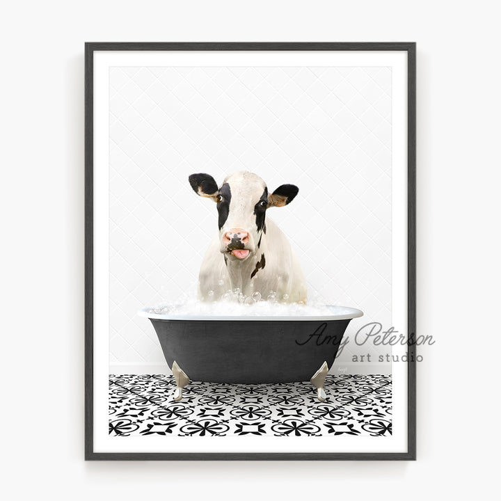 a cow is taking a bath in a bathtub