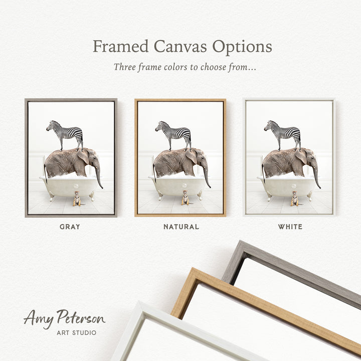 three framed canvas options, each featuring a different color: gray, natural, and white. The text above the images reads " Framed Canvas Options" and "Three frame colors to choose from...". The text below the images reads "Grays", "NATURAL", and "WHITE". The artist's name, Amy Peterson, is also mentioned at the bottom of the image.