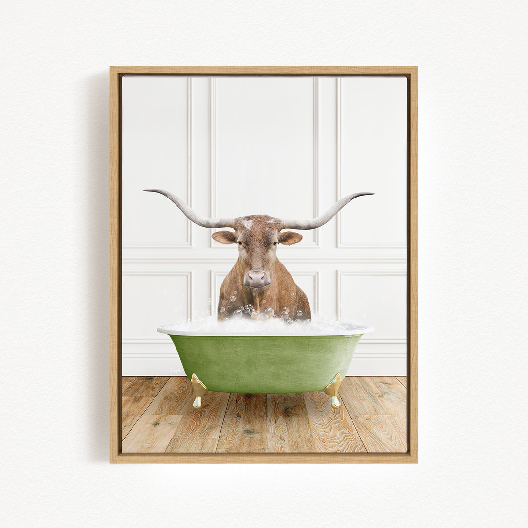A brown cow with large horns is sitting in a green bathtub filled with water, creating a whimsical and humorous scene.