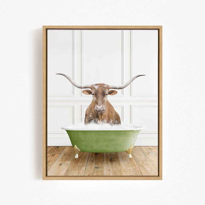 A brown cow with large horns is sitting in a green bathtub filled with water, creating a whimsical and humorous scene.