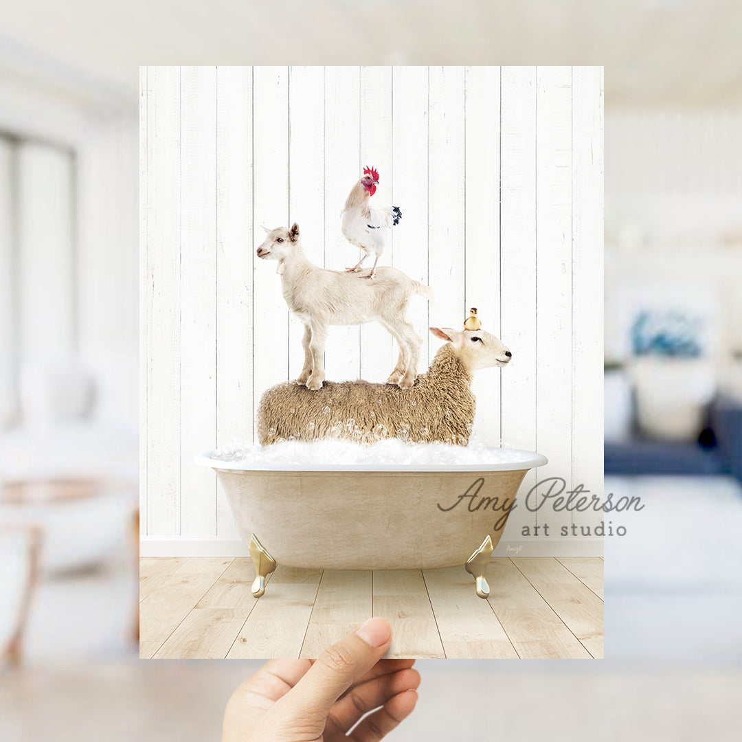 a person holding up a photo of a goat and a chicken on a bathtub